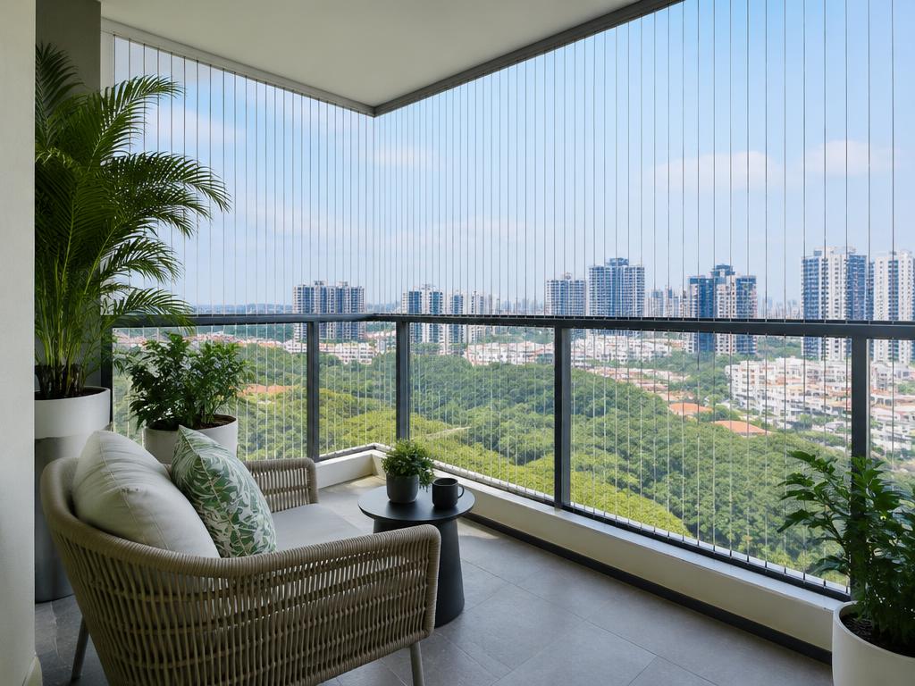 Corner balcony on a high floor with invisible grill cables on two sides