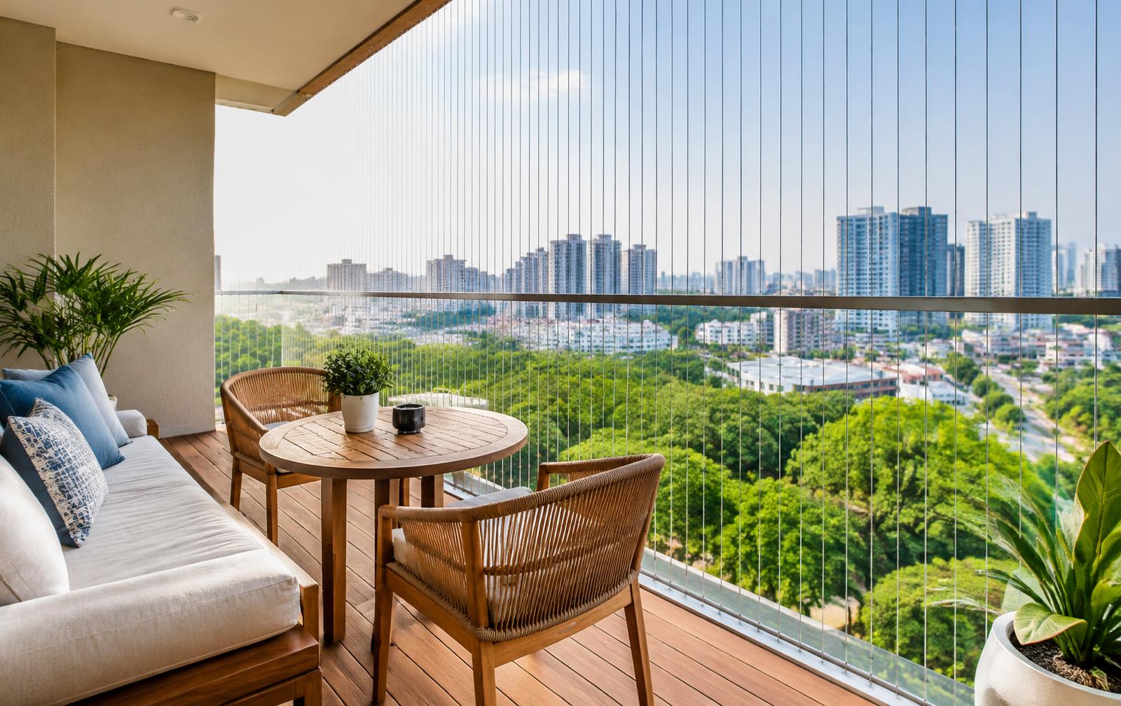Apartment balcony with thin stainless-steel invisible grill wires overlooking trees