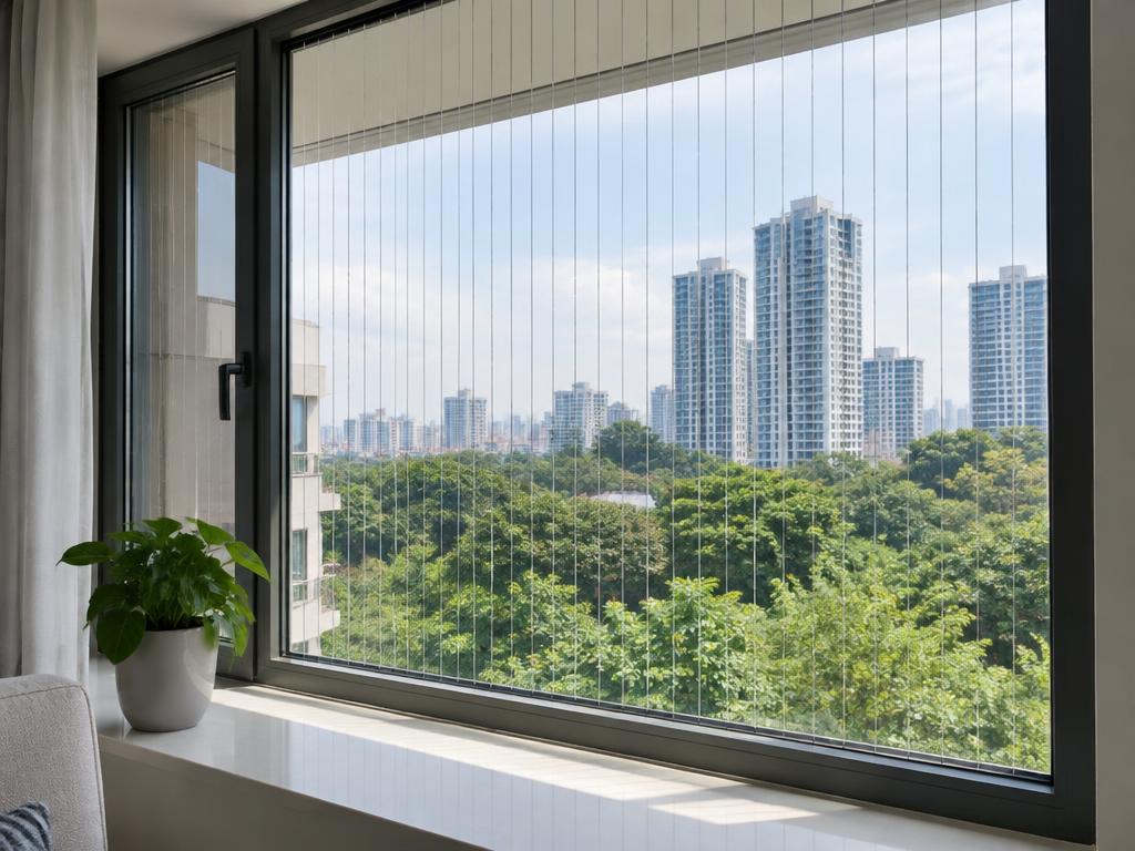 Large apartment window fitted with vertical invisible grill cables